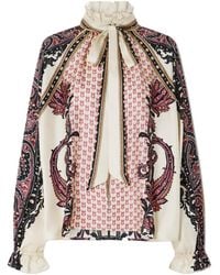 Etro - Pussy-Bow Ruffled Printed Silk-Twill Blouse - Lyst