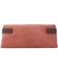 Brunello Cucinelli - Essence Bead-Embellished Leather-Trimmed Suede Clutch - Lyst