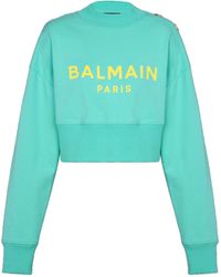 Balmain - Logo Printed Crewneck Cropped Sweatshirt - Lyst