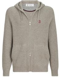 Brunello Cucinelli - Cashmere English Rib Hooded Knit Sweatshirt With Logo And Zipper - Lyst