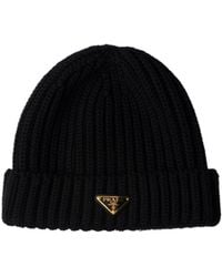 Prada - Logo Plaque Ribbed Beanie - Lyst