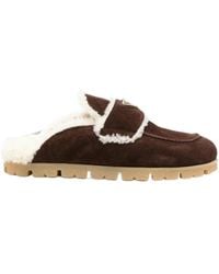 Prada - Shearling-Trim Logo-Plaque Suede Mules - Lyst