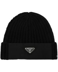 Prada - Ribbed-Knit Logo-Plaque Beanie Hat - Lyst