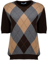 Prada - Short-Sleeved Argyle Cashmere Sweater - Lyst