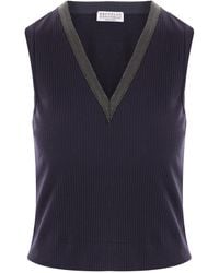 Brunello Cucinelli - V-Neck Sleeveless Ribbed Top - Lyst