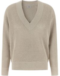 Brunello Cucinelli - V-Neck Openwork Sweater - Lyst