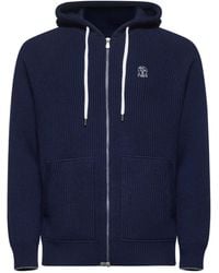 Brunello Cucinelli - Logo Embroidered Zipped English Rib Knit Hooded Sweatshirt - Lyst
