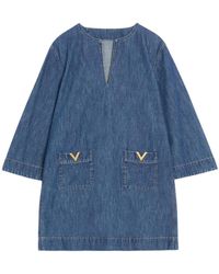Valentino - Logo Plaque V-Neck Denim Dress - Lyst