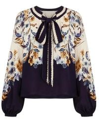 FARM Rio - Floral-Print Tie-Neck Blouse - Lyst