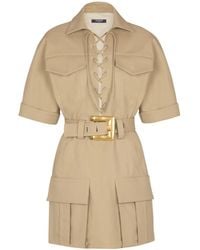 Balmain - Short Cotton Gabardine Lace-Up Dress - Lyst
