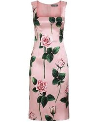 Dolce & Gabbana - Satin Floral Midi Dress - Lyst