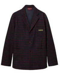 Gucci - Embroidered Check Wool Flannel Jacket - Lyst