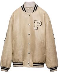 Prada - Leather Bomber Jacket With Patch - Lyst