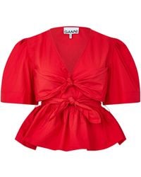 Ganni - Poplin Bow Short Sleeve Blouse - Lyst