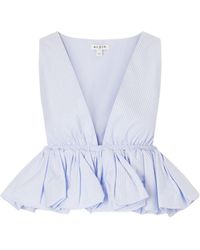 Alaïa - Cropped Ruffled Striped Cotton-Poplin Blouse - Lyst