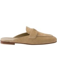 Prada - Logo Plaque Almond Toe Mules - Lyst