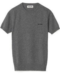 Miu Miu - Logo Intarsia Knitted Short-Sleeved Pullover - Lyst
