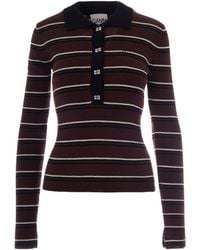 Ganni - Long-Sleeved Striped Knitted Polo Shirt - Lyst