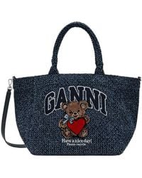Ganni - Tweed Denim Small Bear Tote Bag - Lyst
