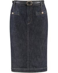Self-Portrait - Belted Waist Denim Midi Skirt - Lyst