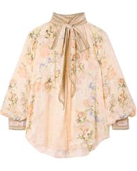 CAMILLA - Pussy-Bow Floral-Print Silk-Blend Jacquard Blouse - Lyst