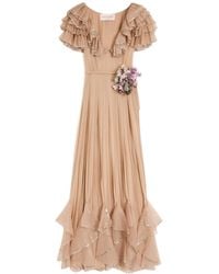 Valentino - Floral Embellished Ruffled V-Neck Dress - Lyst
