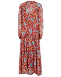 RIXO London - Tiered Floral Midi Dress With High Neckline - Lyst