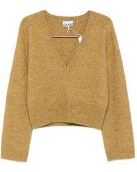Ganni - Mélange Deep V-Neck Knitted Sweater - Lyst