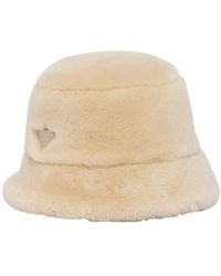 Prada - Shearling Logo Plaque Bucket Hat - Lyst