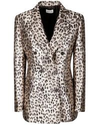 P.A.R.O.S.H. - Double-Breasted Leopard Print Blazer With Textured Finish - Lyst