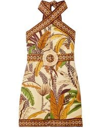 FARM Rio - Belted Printed Linen Halterneck Mini Dress - Lyst