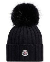 Moncler - Pom Pom Logo Patch Knitted Beanie - Lyst