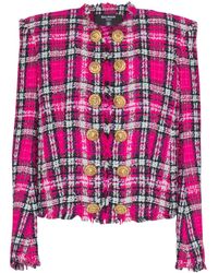 Balmain - Glitter Plaid Tweed Cropped Jacket - Lyst
