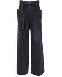 Sacai Mixed Media Belted Wide Leg Jeans in Blue | Lyst