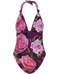 Dolce & Gabbana - Rose Printed One-Piece V-Neck Swimsuit - Lyst
