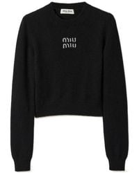Miu Miu - Logo Embellished Cropped Knit Sweater - Lyst