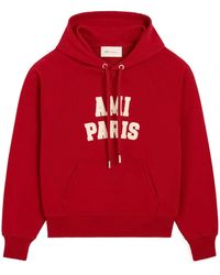 Ami Paris - Cropped Felt Embroidered Cotton Hoodie - Lyst