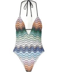 Missoni - Striped Crochet-Knit Halterneck Swimsuit - Lyst