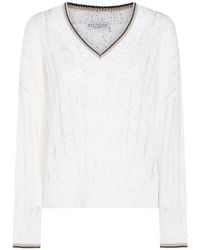 Brunello Cucinelli - Embellished V-Neck Knitted Jumper - Lyst