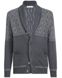Brunello Cucinelli - Cotton Shawl Collar Cardigan With Jacquard Cable Shoulder - Lyst
