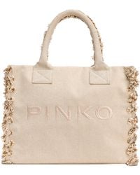 Pinko - Logo Embroidered Frayed-Edge Tote Bag - Lyst