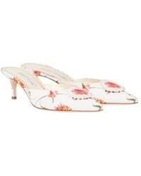 Manolo Blahnik - Floral Satin Mule Sandals With Rhinestone Buckles - Lyst