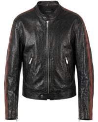 Gucci - Buffalo Leather Biker Jacket With Web - Lyst
