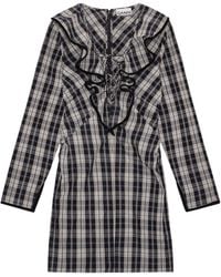 Ganni - Checkered Cotton Ruffle V-Neck Mini Dress - Lyst