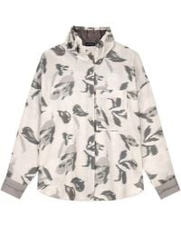 Emporio Armani - Linen Shirt With A Chiné Flower Print And High Collar - Lyst