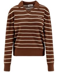 Miu Miu - Long-Sleeved Striped Knitted Polo Shirt - Lyst