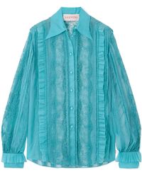 Valentino - Pleated Ruffled Bead-Embellished Lace-Trimmed Silk-Organza Shirt - Lyst