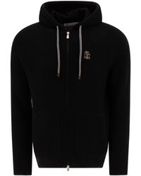 Brunello Cucinelli - Logo Embroidered Zipped English Rib Knit Hooded Sweatshirt - Lyst