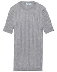 Prada - Short-Sleeved Ribbed Knit Cotton Sweater - Lyst