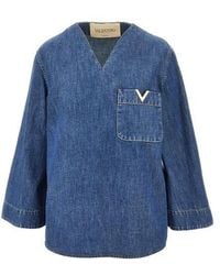 Valentino - Logo Plaque V-Neck Denim Blouse - Lyst